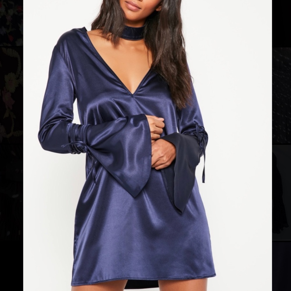 Missguided Navy Plunge Satin Shift Dress
